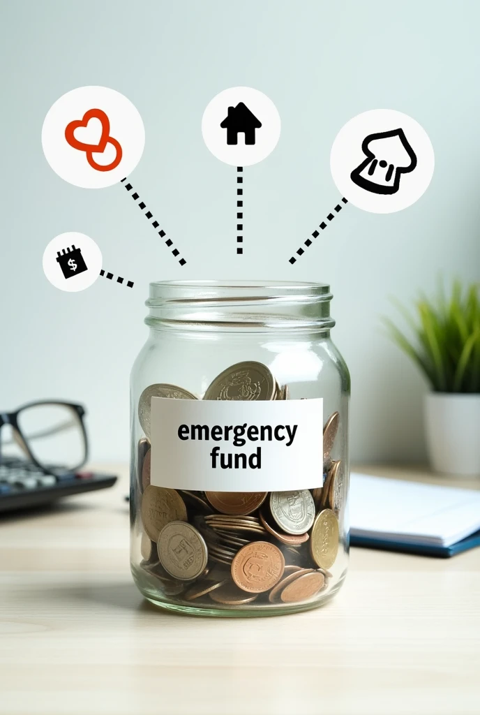 Create an image of a clear glass jar labeled "Emergency Fund," filled with coins and bills. Surround the jar with different life-stage elements: a baby pacifier for early career, a house key for mid-career, and a pair of reading glasses or a retirement book for pre-retirement. In the background, include a calculator and a calendar, symbolizing planning and preparedness.