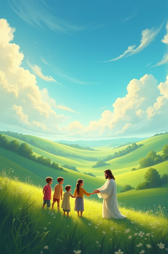 A green land with good sky and at bottom of picture in small size Jesus teaching children 