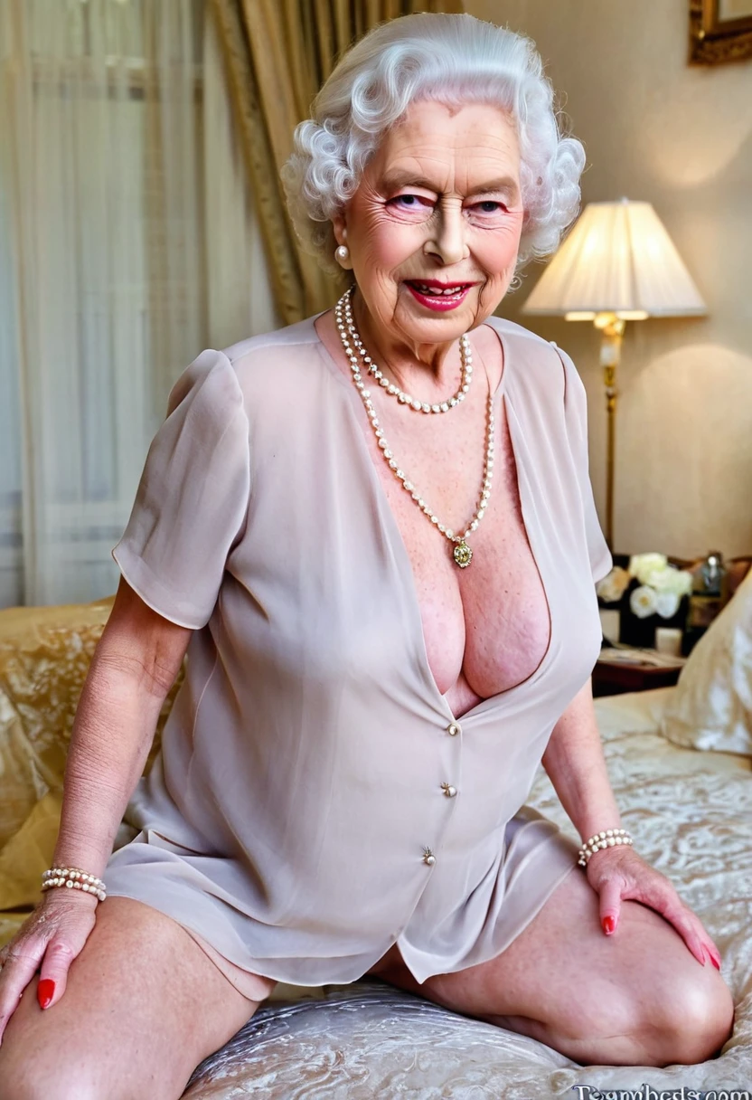 (gorgeous queen elizabeth 80yo) (huge breast:1.4), Passionate, kneeling on a bed, making love, (nsfw:1.4), (((chiffon beige shirt))), lipsticks, Pearl Necklace