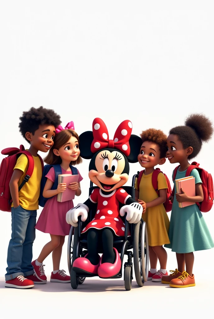 draw for me MINNIE disney in a wheelchair with children feeling included among them books backpacks disney pixar style with white background full image without cutting any character