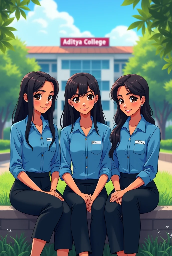 3 ladkiya bethi hai unhone college dress blue shirt or black formal pant pahan rakh hi jinme ek ki shirt par mahi or ek ki shirt par piru or ek ki shirt par tannu likha hai, vo ek garden me bethi hui hai or pichhe ek college hai jis par aditya college ka banner lagahua hai aisi Indian girl animetion me image banao