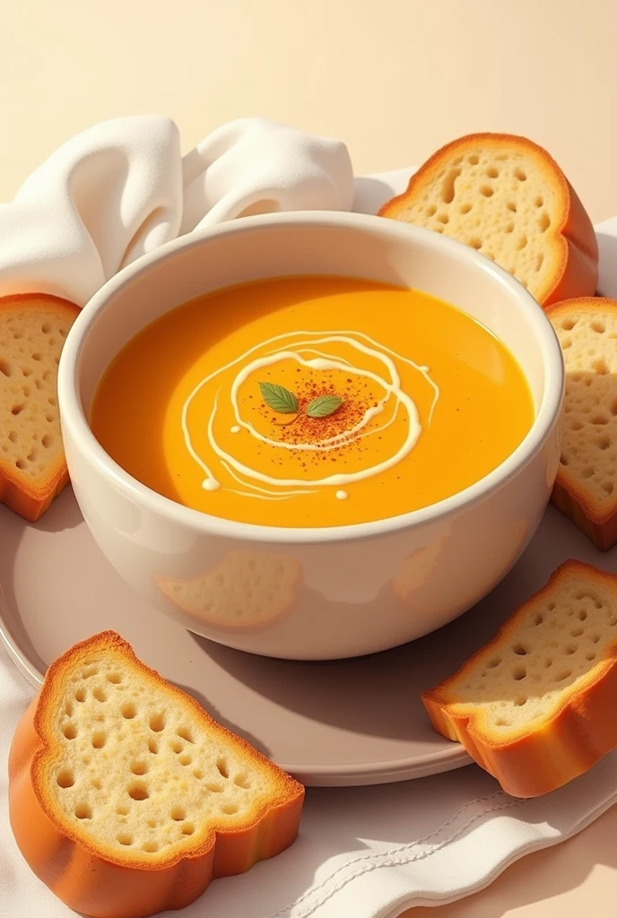 Let&#39;s take this dish as an example.。A creamy pumpkin soup with a touch of spice.。, Pastel toned crispy bread and creamy beige background 