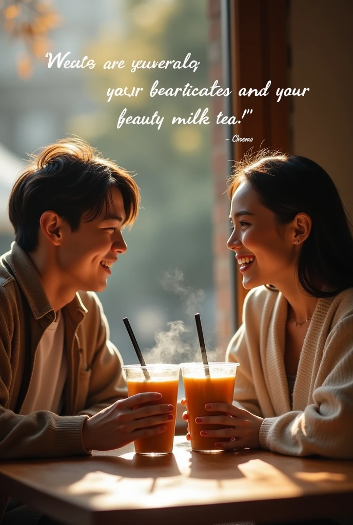A photo of two friends enjoying milk tea together and a quote about friendship