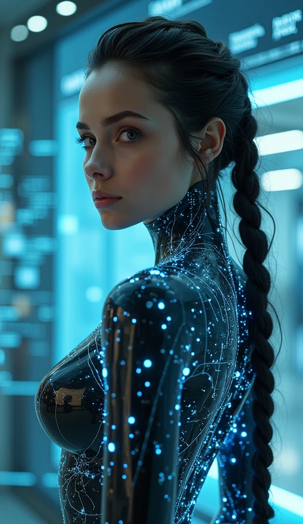 (masterpiece:1.2,Exceptional Quality,mirror-like,Cinematic Experience,Photorealistic:2.0,RAW Photos:2.0,Super detailed),8k,wallpaper,(Representing blueprints through holograms:2.0),(Beautiful woman:2.0),Female Cyborg,(Design of a Female Cyborg:2.0),(Draw the back view:2.0),(Avant-garde design:2.0),(Drawing detailed blueprints:2.0),(Numerous notes about the settings:2.0),(Beautiful Face,Beautiful Eyes,Beautiful Hair), Celtic braided hairstyles