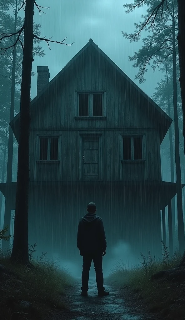 Man standing in front of a large abandoned wooden house in the woods at midnight and raining In the forest