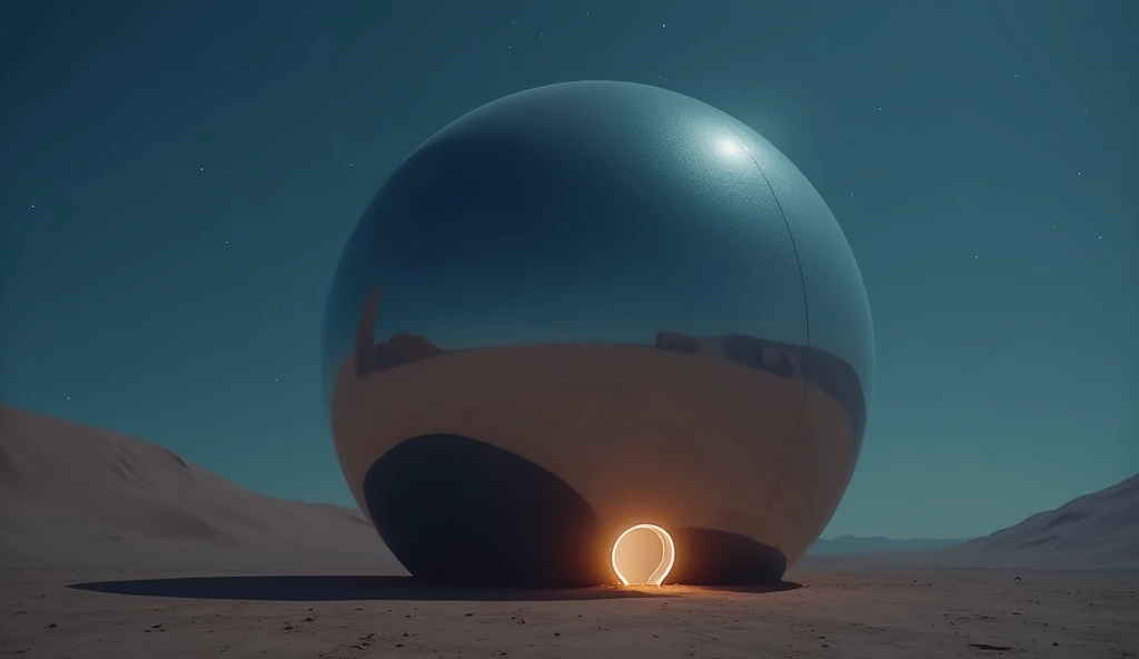 a massive mirror smooth sphere rest on the desert floor at night. a small door is open at ground level, spilling light onto the sand photo realistic