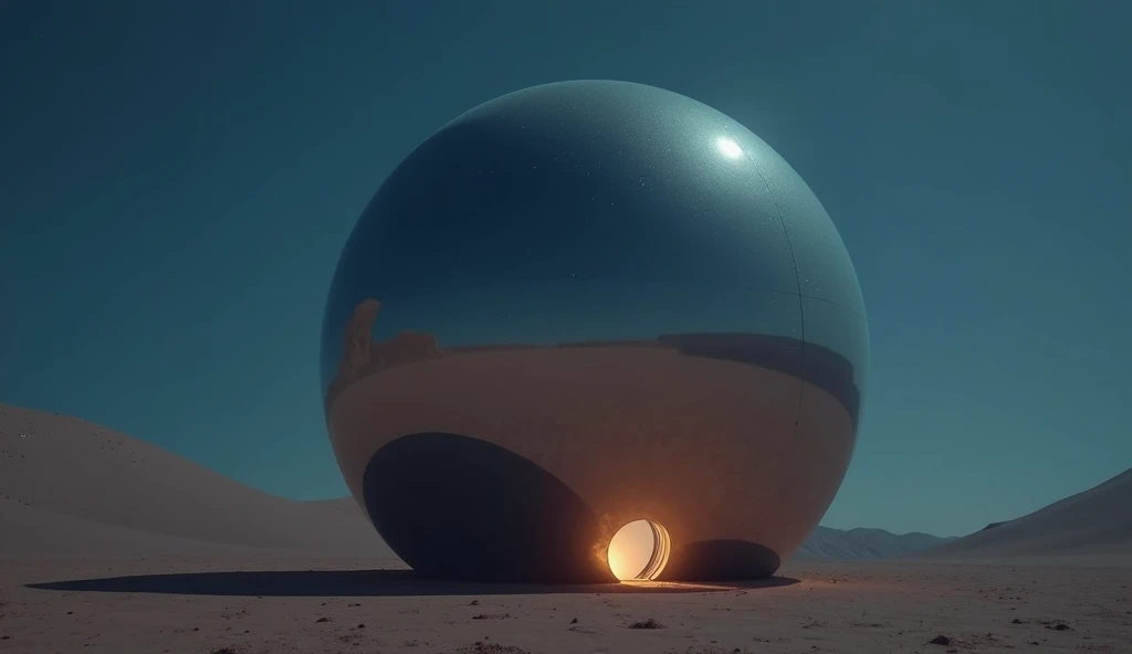 a massive mirror smooth sphere rest on the desert floor at night. a small door is open at ground level, spilling light onto the sand photo realistic