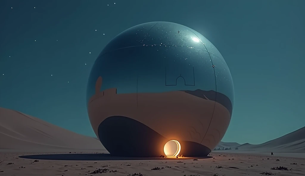 a massive mirror smooth sphere rest on the desert floor at night. a small door is open at ground level, spilling light onto the sand photo realistic