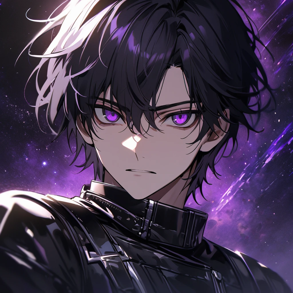 High quality, HD, 4k, no shadows, handsome male, handsome, extremly handsome, 1male, 1 male, teenager, pure black hair, short black hair, dark hair, black hair, jet black hair, sharp eyes, deep purple colored eyes, dark purple colored eyes, deep violet eyes, violet eyes, devil may cry, close up, calm expression, stoic expression, black leather clothes, black leather clothing, leather clothing, lean body, well trained body, upper body, looking at viewer, cowboy shot, white solar, space background