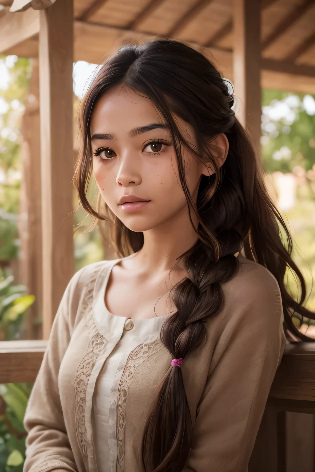 Here's the updated prompt with the added details of light dirt marks and primitive makeup:
"A young girl, around , with natural, tanned skin typical of a mixed-race (mulatto) heritage. Her skin has a light blush on the cheeks, small freckles, and slight sun damage, giving her an imperfect yet striking natural beauty. There are light traces of dirt on her face, particularly around her cheeks and forehead, adding to her wild, natural appearance. She also has primitive makeup made from natural pigments — perhaps simple dark lines or dots near her eyes and across her cheeks, accentuating her features in a subtle, earthy manner.
She has an oval-shaped face with soft features and slightly prominent cheekbones that enhance her youthful attractiveness. Her lips are full, naturally pink, and slightly chapped from the harsh environment, but still soft and appealing. She has a straight nose, slightly wide at the base, which harmonizes well with the rest of her facial features.
Her eyes are almond-shaped, deep dark brown, with a thoughtful and attentive gaze, framed by long, thick eyelashes. Her eyebrows are thick but well-shaped, dark, and naturally arched. Her hair is thick, wavy, and dark chestnut in color, falling in soft strands around her face, slightly tousled and braided into a simple braid with natural plant fibers used as adornments. Small curls escape the braid around her hairline, adding a touch of wild naturalness. Her expression is calm yet alert, with a hint of curiosity and innate wisdom."