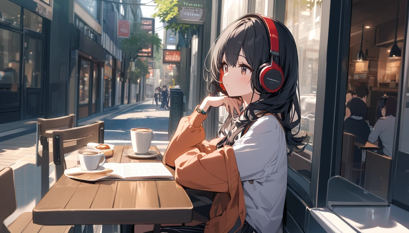 A woman with black hair and cute clothes sits calmly in a cafe in Tokyo waiting for someone,Streetscape、Listening to music with headphones、Japanese