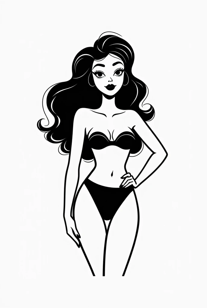 Brand logo featuring a crochet haired goddess, minimalist black and white pinup style