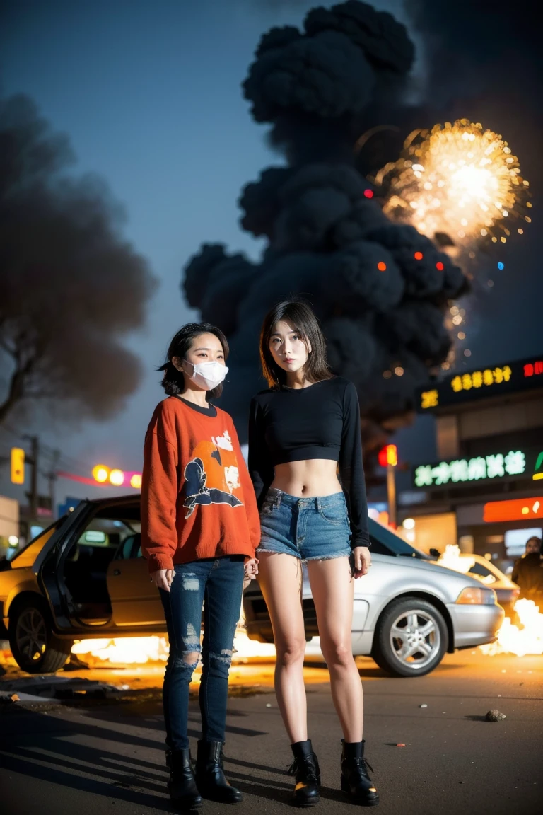 Two women in a burning junkyard with wounds, blood, masks and explosions in Tokyo