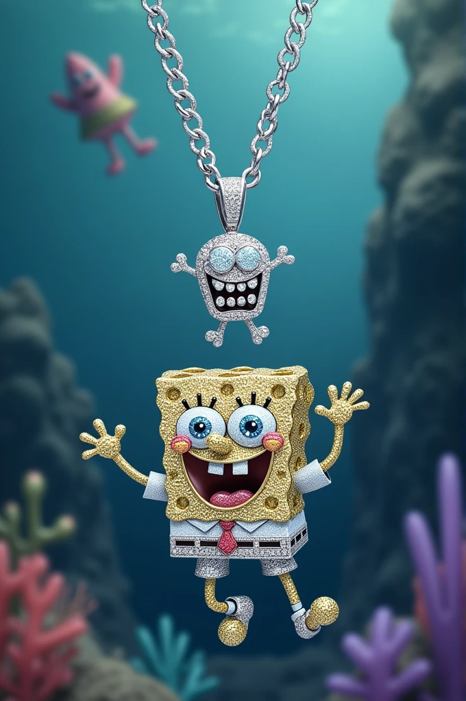 Chaîne en argent sertie de diamants avec tout au long de la chaîne une représentation des personnages de bob l’éponge tout en diamants avec pour médailles bob l’éponge 