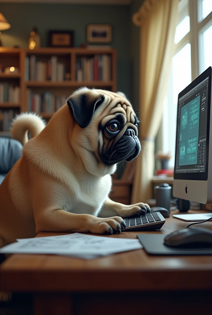 a pug dog rigging engineer doing a project on the computer