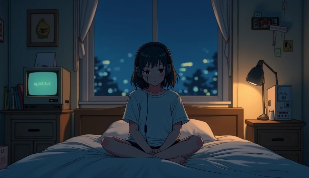 Girl listening to music in a cozy room at night, Using headphones, 2D style anime, Lo-fi, hard disk, Dark environment