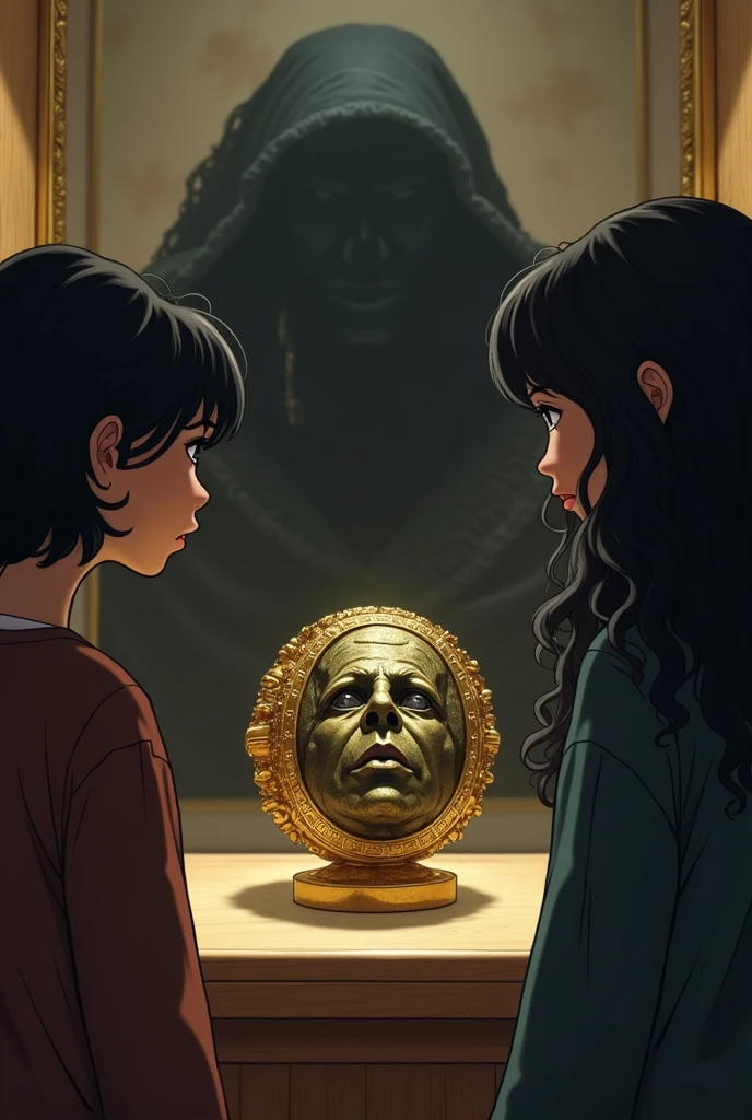 Gold ring (In its center a stone inside the stone a young, hairless male face in Roman style)
The ring is on a shelf in a museum. Two girls with black hair are watching it. One has more pronounced curls than the other. Behind one of the girls there is a macabre shadow..
 The face inside the stone ring More sinister