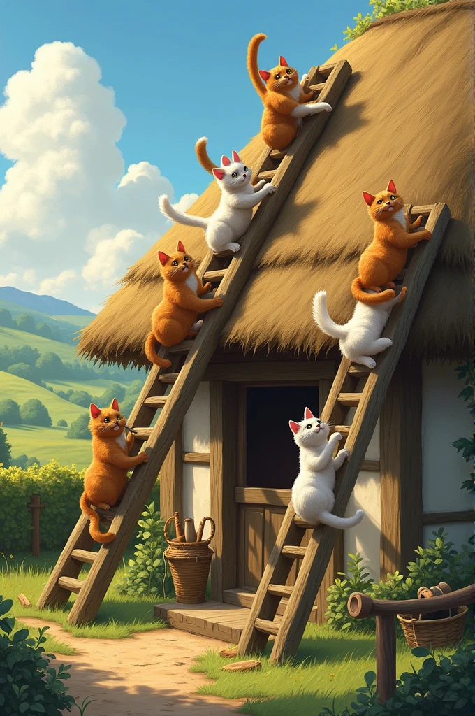 Make a picture of cats climbing ladders to fix the thatched roof 