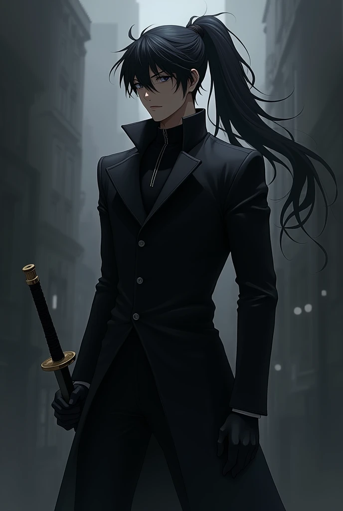 Create an anime style character, with a black overcoat, a black ponytail hair, with the locks passing over the right shoulder, and holding a sword in his right hand