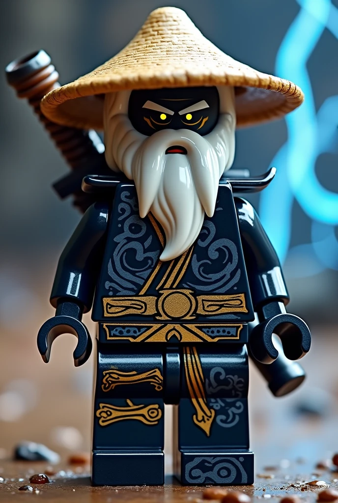 Créer moi un lego ninja go avec pas de muscles et pas de masque ni de bandeaux le premier maitre du spijisufuturiste de la dernière puissance fusionnaire et doit être en lego un ninja avec un chapeau de paille en rond en jaune et avec une barbe blanche autour de la bouche et avec une peau noir et un regard terrible avec des yeux ridé en flamme avec une puissance incroyable avec comme puissance élémentaire l’électrique, l’énergie, la terre, le feu, la glace. Les habits du ninja doit être tout noir avec des traces grise anthracite, bleu foncé et golden suprême et fer anthracite avec des reure en forme d’électricité bleu clair et jaune brillant et des écritures japonaises et le parchemin antique sacré le plus puissant en golden. Un ninja imbattable monstrueux beaucoup trop puissant qui contrôle tous les pouvoirs élémentaires. Le ninjadoit être destructeur et soif de victoire un gentil et mechant avec un sabre dans le dos