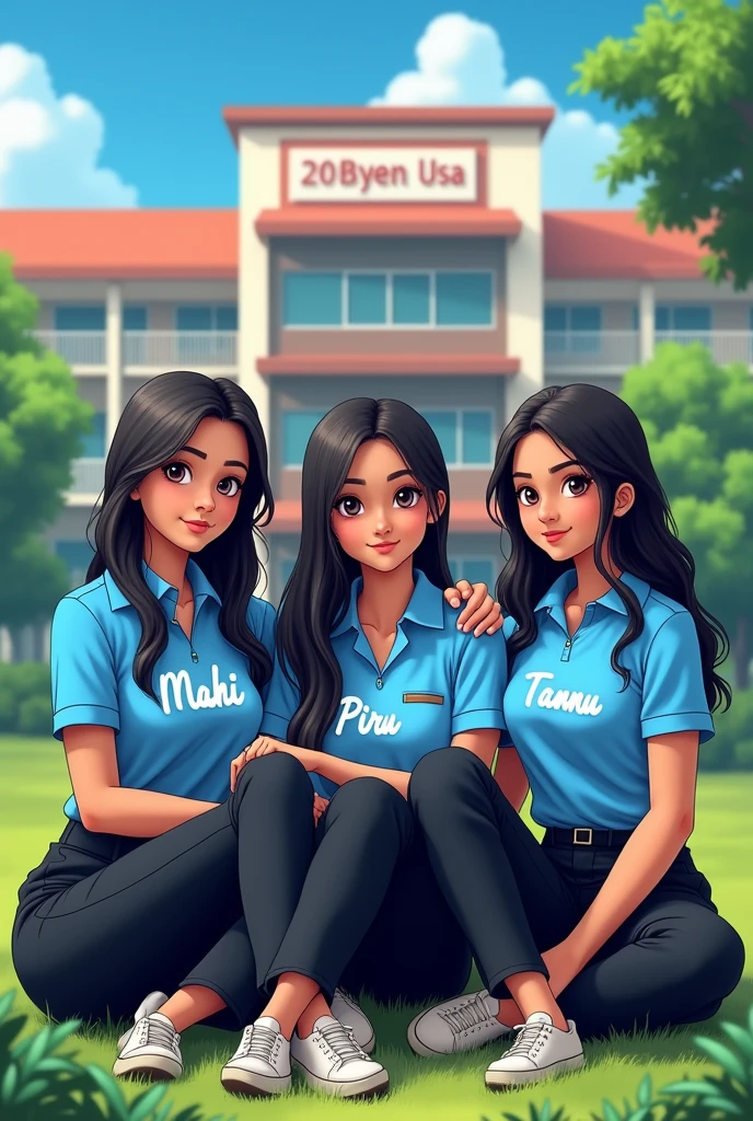 3 ladkiya bethi hai unhone college dress blue shirt or black formal pant pahan rakh hi jinme ek ki shirt par mahi or ek ki shirt par piru or ek ki shirt par tannu likha hai, vo ek garden me bethi hui hai or pichhe ek college hai jis par aditya college ka banner lagahua hai aisi Indian girl animetion me image banao