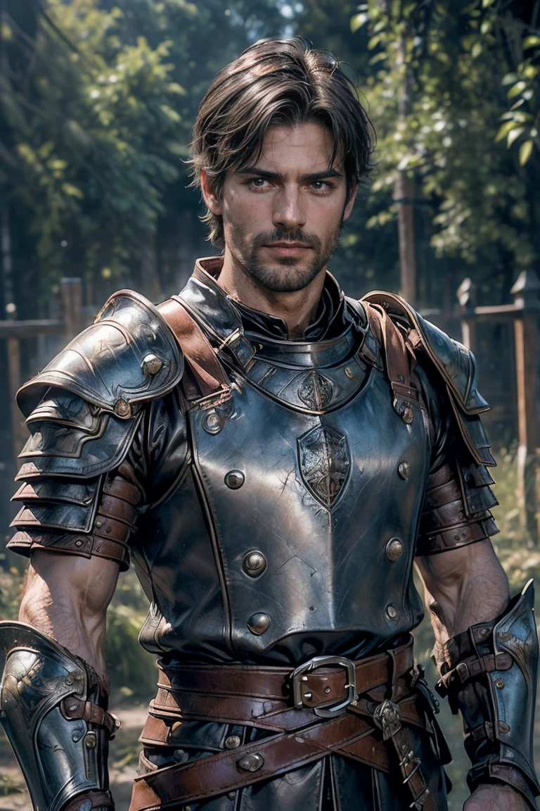 ((masterpiece, Highest quality, Best image quality, High resolution, Realistic, RAW Photos, 8k))、Medieval Europe、drifter、One Man、Middle-aged men、(Sharp eyes、Smirking face)、(Are thin、brown、Short Hair、Stubble:1.2)、(leather armor、Leather Belt、Familiar Sword:1.2)、(((looking at the camera、Upper Body Shot:1.2)))