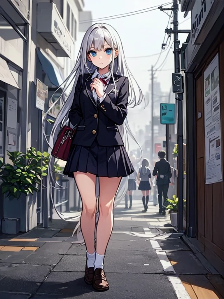 masterpiece, Highest quality, (Beautiful beauty :1.2), School blazer、School Skirt、ribbon、Silver Hair、Blue Eyes、Outdoor、Student Council President、full of intelligence、Holding the bag with both hands、Walking the Streets、