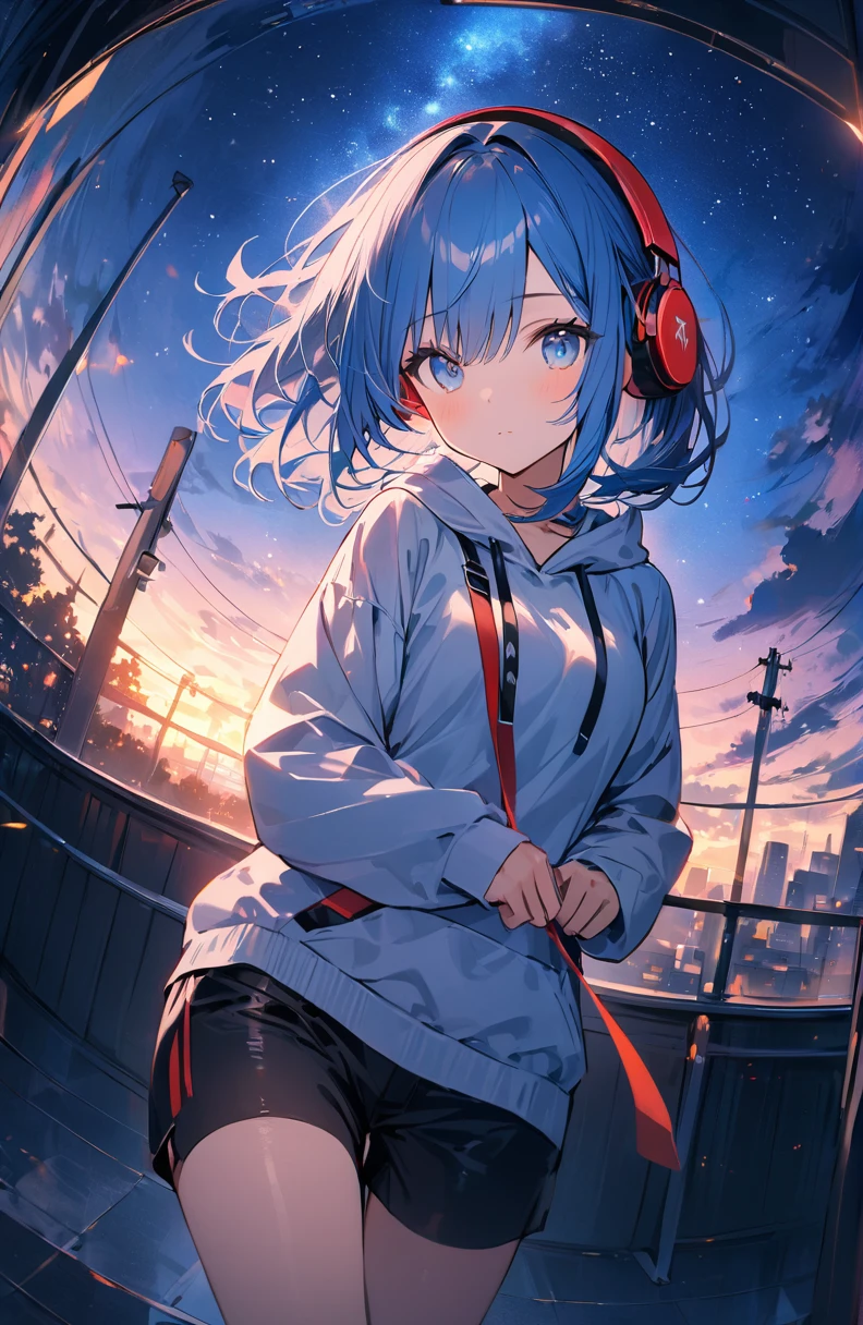 ((Amazingly absurd)),超High resolution, Attention to detail, high quality, High resolution, 最high quality, 4K, 8k、1 pretty girl、Blue Hair、blue eyes、White tight hoodie、Red headphones、Black shorts、Night view、Starry Sky、Fisheye Lens