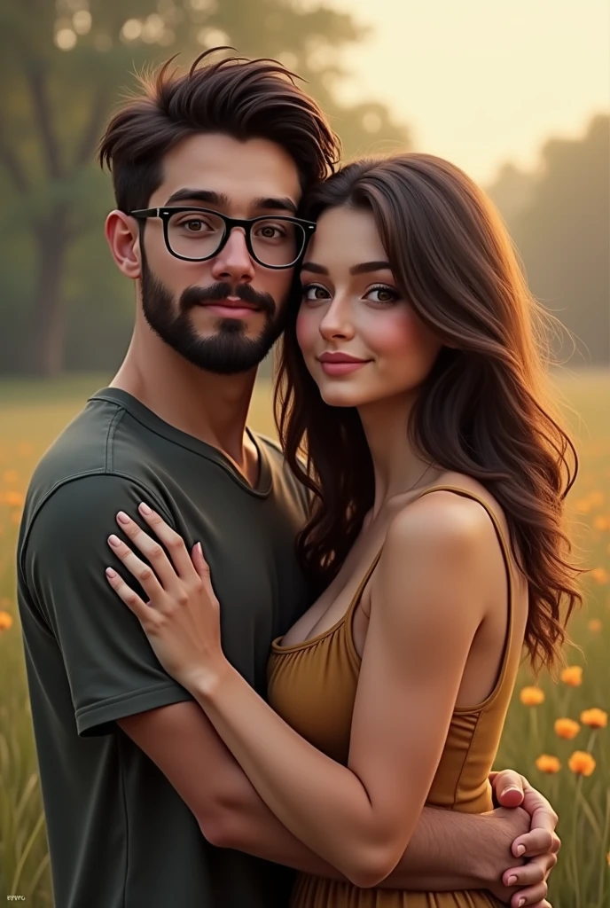 PICTURE REALISTIC: bearded boy, of prescription glasses ,175 cm, next to his 163 cm girlfriend. She has a fat arm