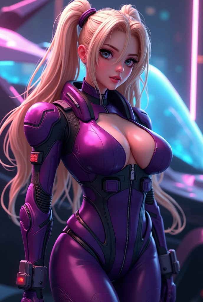 A thicc anime girl, long blonde hair in twin tails, dark purple, large breasts, skintight pilot suit, mecha, futuristic, (best quality,4k,8k,highres,masterpiece:1.2),ultra-detailed,(realistic,photorealistic,photo-realistic:1.37),highly detailed face, highdetailed eyes and lips, dynamic pose, intricate details, neon lights, cinematic lighting, glowing highlights, vibrant colors