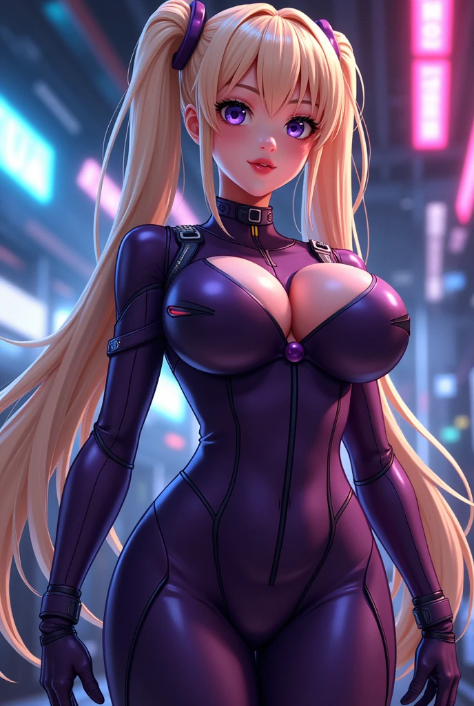 A thicc anime girl, long blonde hair in twin tails, dark purple, large breasts, skintight pilot suit, mecha, futuristic, (best quality,4k,8k,highres,masterpiece:1.2),ultra-detailed,(realistic,photorealistic,photo-realistic:1.37),highly detailed face, highdetailed eyes and lips, dynamic pose, intricate details, neon lights, cinematic lighting, glowing highlights, vibrant colors