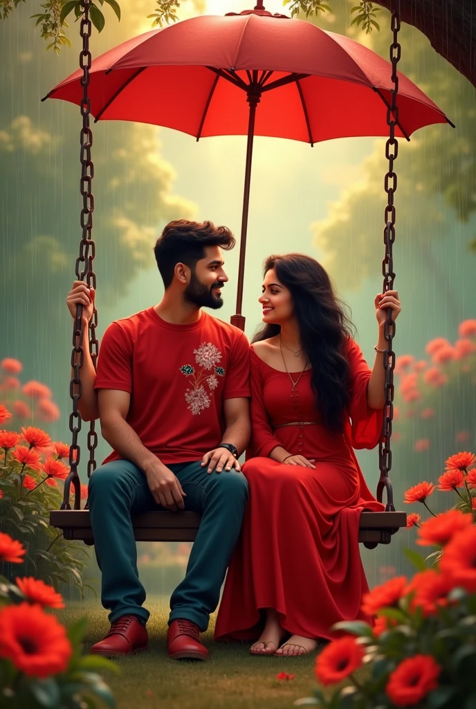 Slowly slowly rain with Ali and waniya with red flowers garden couple sitdown in a chain swing Ali plug in a umbrella and Ali red court and flowers design t shirt and waniya dress in a red frock and couple smiling faces with boy clean shave and couple shoes color is red and umbrella color is red in prompts