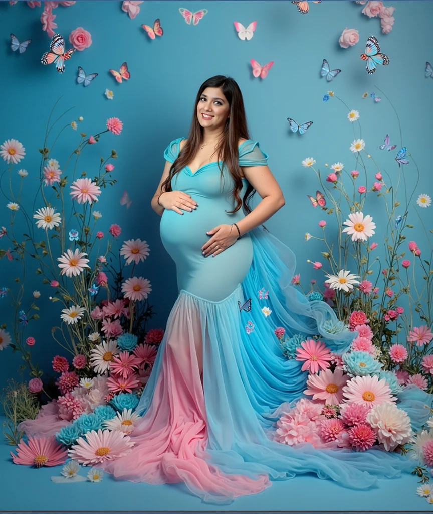 pregnant woman in a blue dress surrounded by flowers and butterflies, a colorized photo by Bernardino Mei, trending on cg society, art photography, cyan photographic backdrop, maternal photography 4 k, full body photoshoot, pink and blue colour, full body pose, * colour splash *, blue and pink colour splash, modeling photography, belly free teal dress, colored photography, full body wide shot