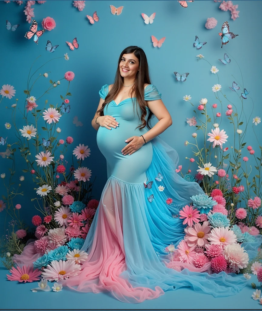 pregnant woman in a blue dress surrounded by flowers and butterflies, a colorized photo by Bernardino Mei, trending on cg society, art photography, cyan photographic backdrop, maternal photography 4 k, full body photoshoot, pink and blue colour, full body pose, * colour splash *, blue and pink colour splash, modeling photography, belly free teal dress, colored photography, full body wide shot