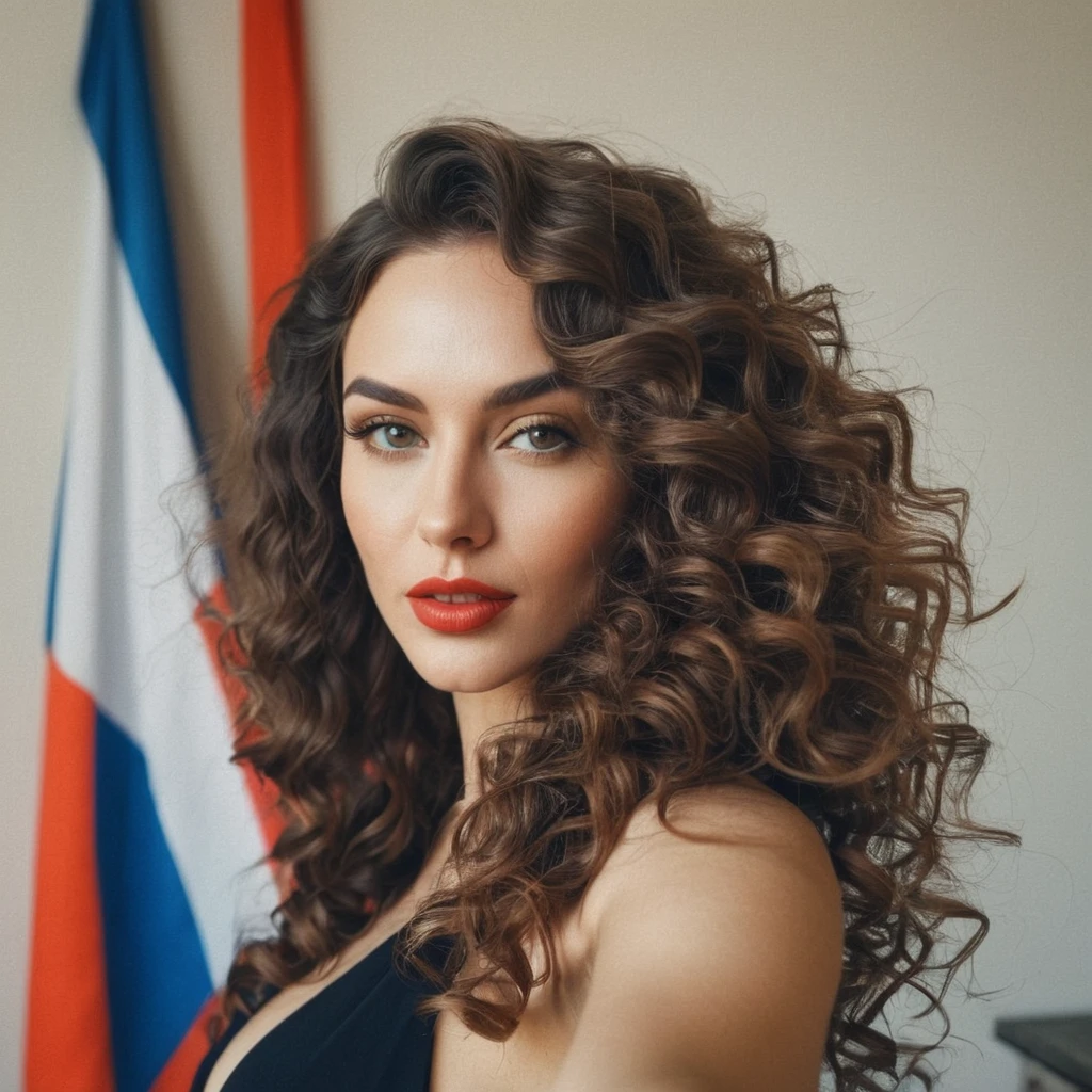 grain de film, filtre vintage, Texture de la peau, selFie oF a woman with beautiFul wavy hair ,F/1.8, dans sa chambre, joue a la play drapeau russe au mur
