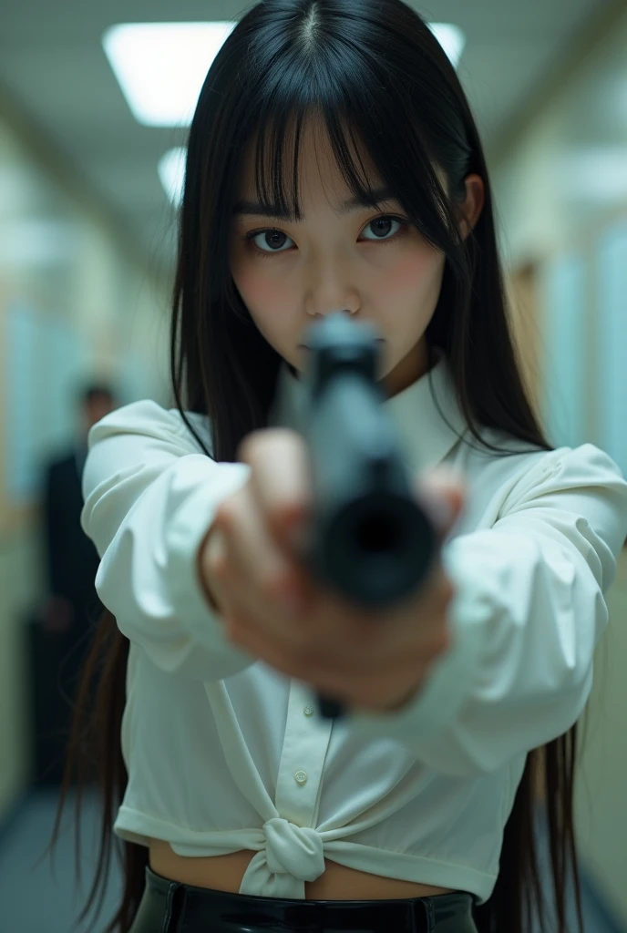 real beautiful sweet big eyes office lady japanese white shirt latex low mini skirt standing legs open wide spreading full portrait holding rifle gun pointing at you front facing aiming at you
