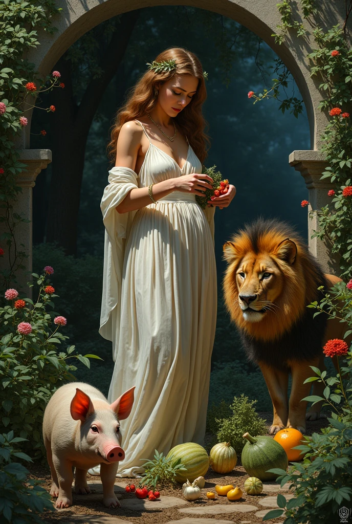 caravaggio lighting; high contrast; hyper-realism; Circe witch from madeline miller; sided with her pig and leon; island of Circe; Godess; realism; circe is working in her garden collecting ingredients to do her potions; mistery; strenght; beautiful women; ; beautifu white transparent dress showing some woman chest; greek mythology