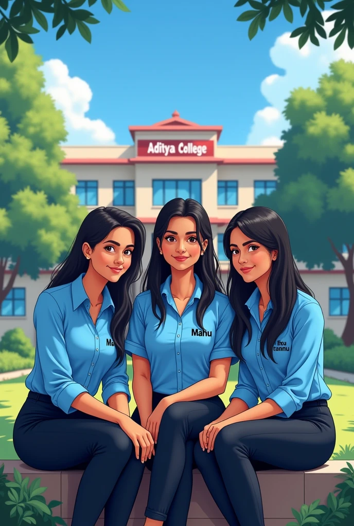 3 ladkiya bethi hai unhone college dress blue shirt or black formal pant pahan rakh hi jinme ek ki shirt par mahi or ek ki shirt par piru or ek ki shirt par tannu likha hai, vo ek garden me bethi hui hai or pichhe ek college hai jis par aditya college ka banner lagahua hai aisi Indian girl animetion me image banao
