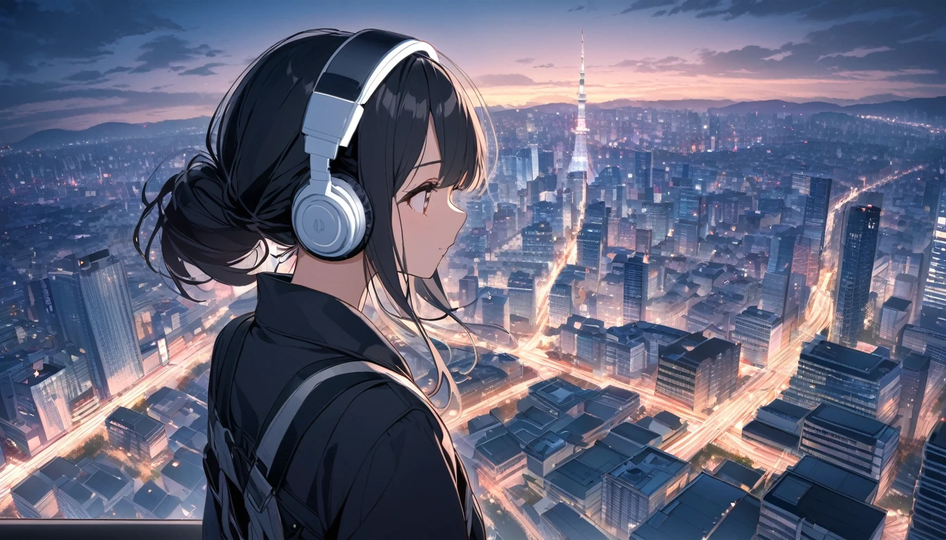 Black haired woman with headphones looking at the city of Tokyo,Streetscape、listen to music、Japanese