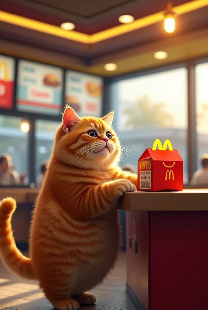 orange fat cat buy a happy meal in McDonald's