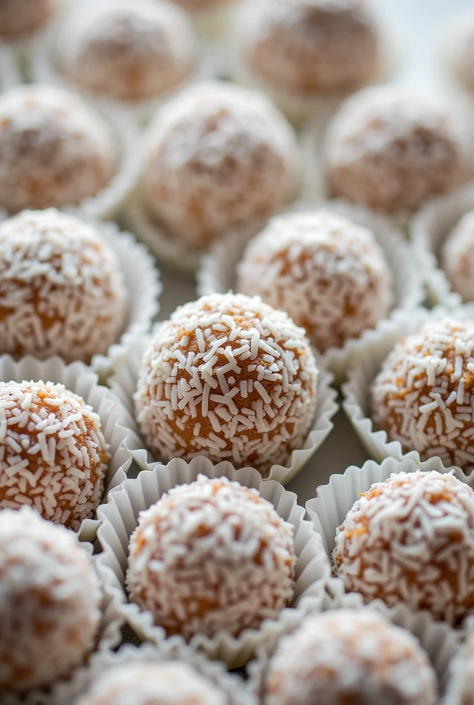 I want you to create several brigadeiros known as coconut kisses, rolled in grated coconut. They must be in their traditional white molds., but the molds must be tight