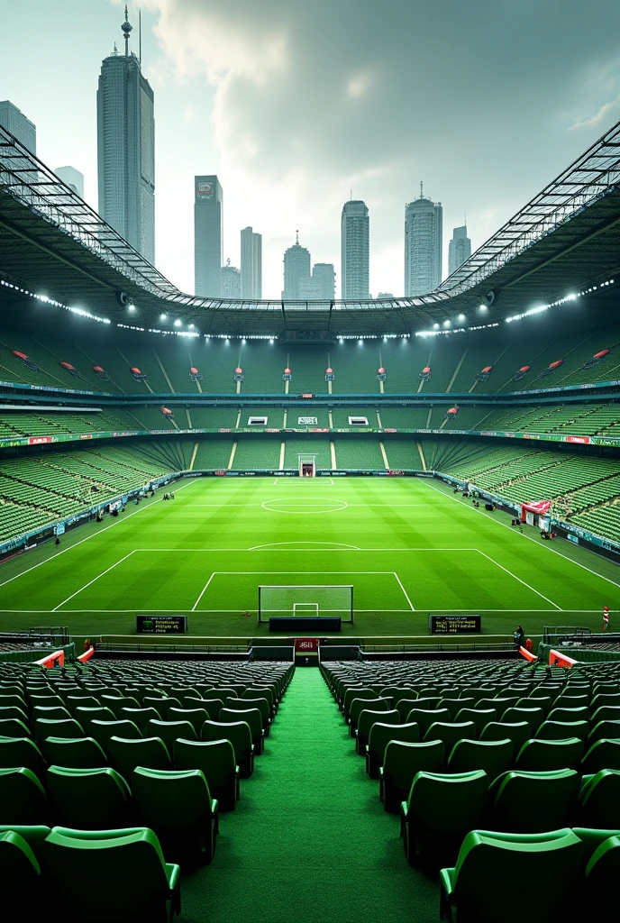 Create an image of football stadium stands that are green and black, and the image is seen from the front