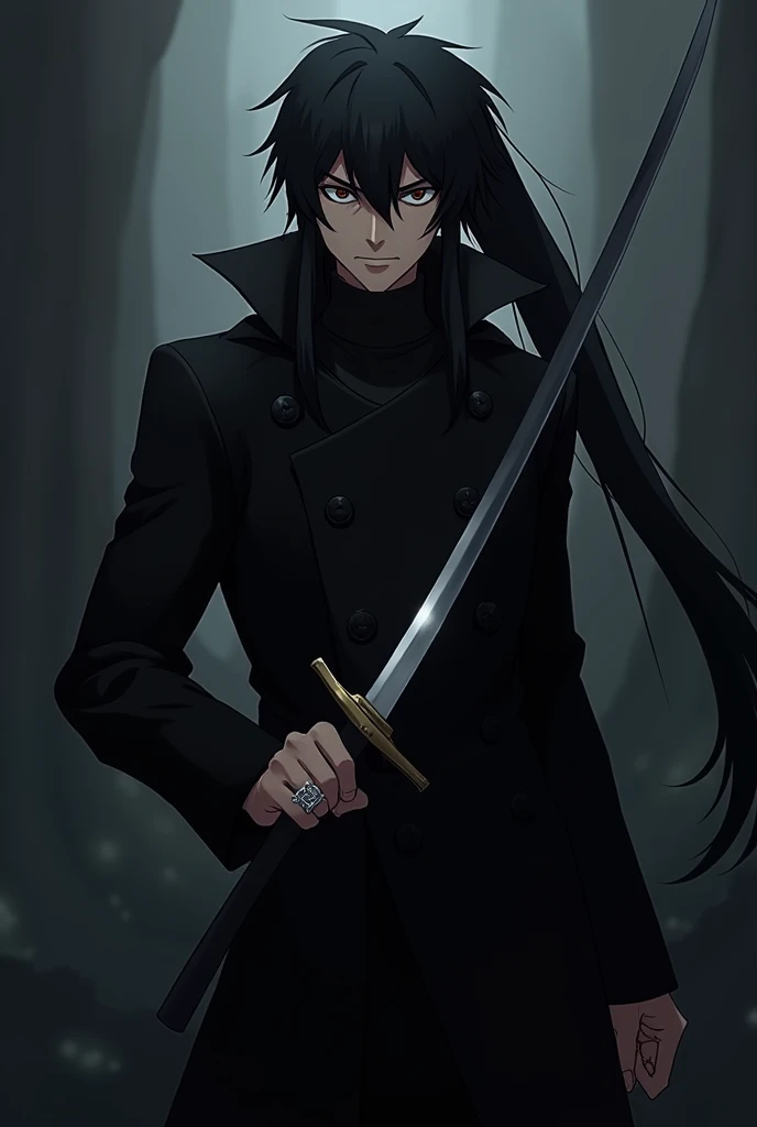 Create an anime style character, with a black overcoat, a black ponytail hair, with the locks passing over the right shoulder, and holding a sword in his right hand,and with a silver ring on his left hand