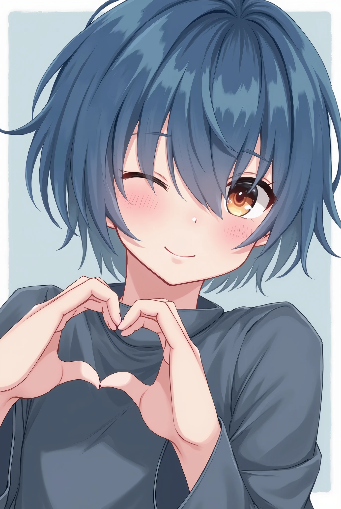 Blue Shorthair,,Hair covering the right eye,Hands making a heart,kind,Selfie,Get the blues,Half Body