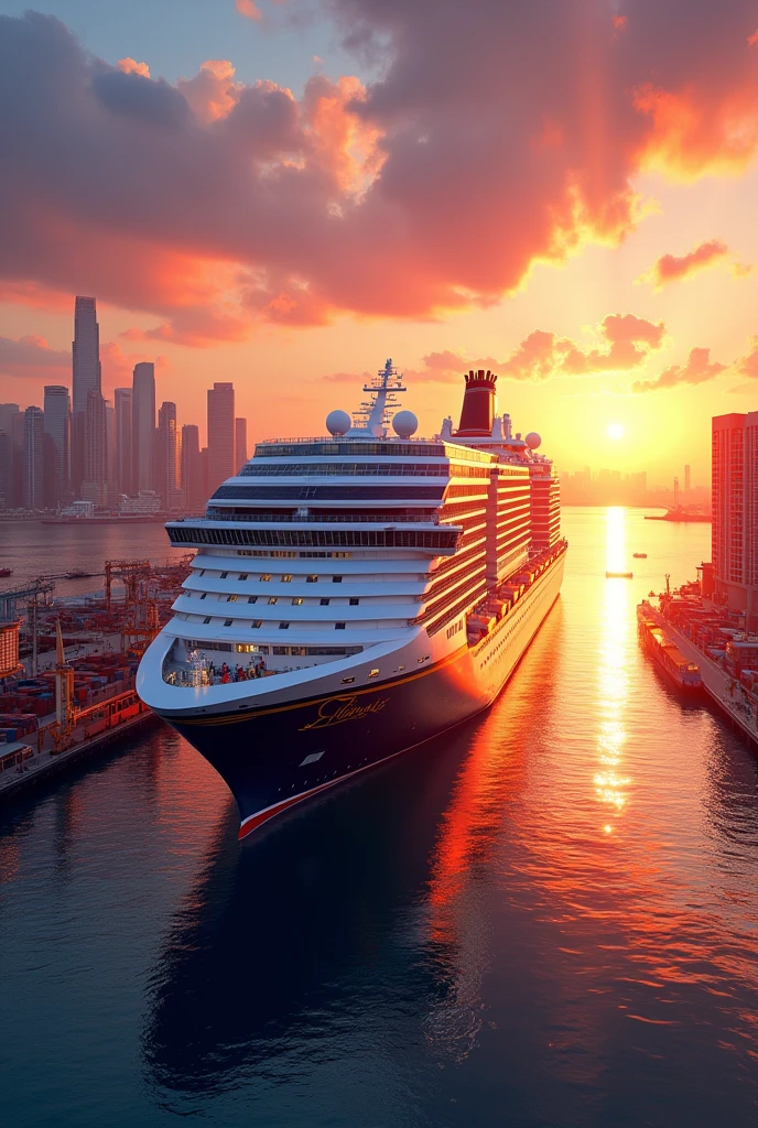 singapore port with disney wish in sunset