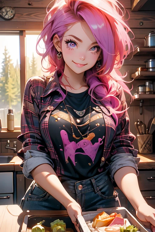 Perfect face. Perfect hands. A pink haired woman with violet eyes with an hourglass figure in a plaid shirt and ripped shorts is smiling while making lunch in a cabin's kitchen