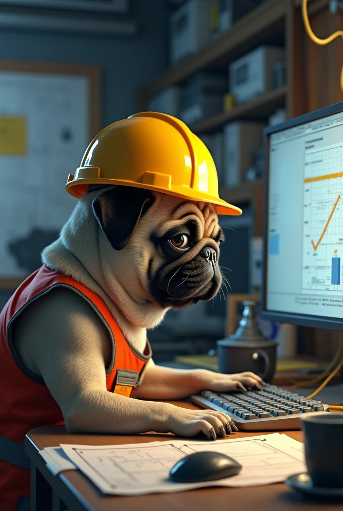a pug dog rigging engineer wearing safety helmet doing a project on computer