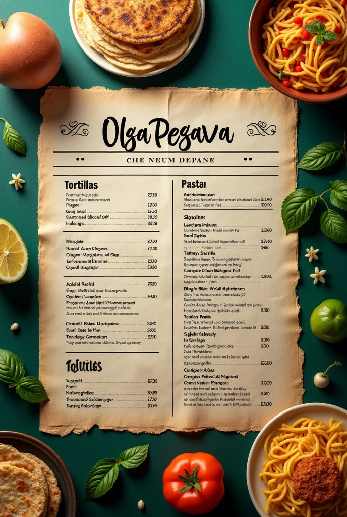 Menu for restaurant The name of the restaurant is "Olga Pegava" and it sells tortillas and pasta. Let it be like a newspaper with dark green. Just the menu And just the name of fast food with only the indication that it has tortillas and pasta