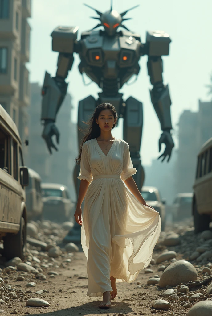 A beautiful Indonesian woman walking gracefully down a street with a towering mecha robot standing behind her. The background features the ruins of buildings and damaged cars, creating a dramatic and post-apocalyptic atmosphere. The scene is rendered in ultra high definition with 16k resolution, capturing every intricate detail and nuance.