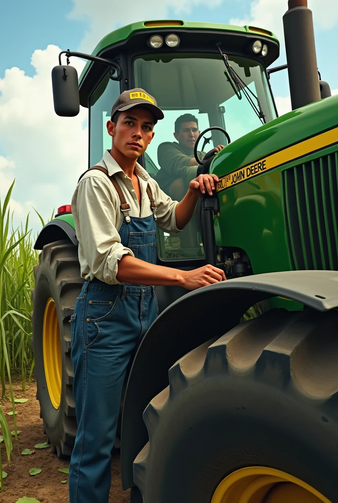 A young farmer with blue canvas pants and a white shirt, operating a john deere sugar cane harvester